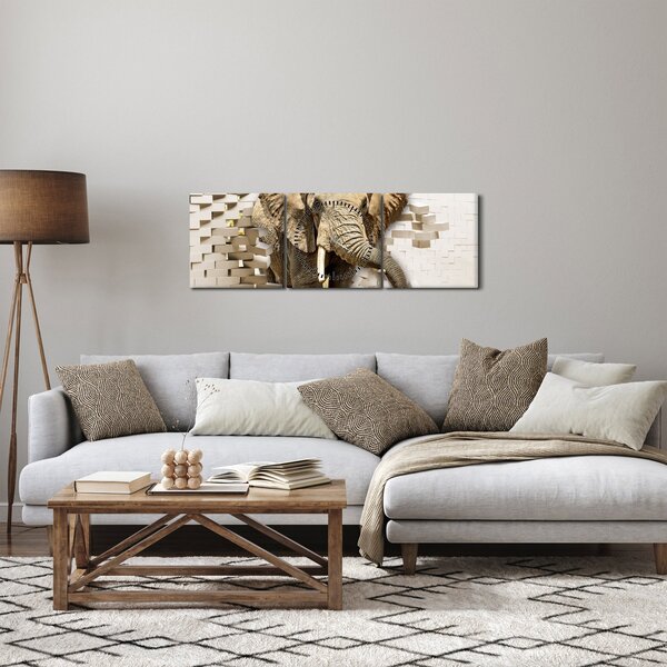 Obraz - Slon prorážející zeď (s hodinami) (90x30 cm)