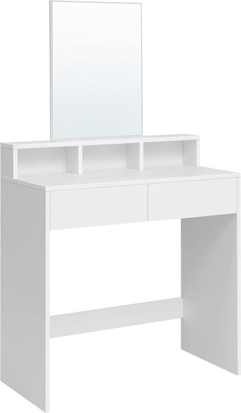 Toaletní stolek VASAGLE s velkým obdélníkovým zrcadlem, toaletní stolek se 2 zásuvkami a 3 otevřenými přihrádkami, toaletní stolek, moderní styl, bílý