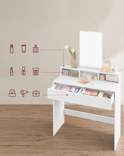 Toaletní stolek VASAGLE s velkým obdélníkovým zrcadlem, toaletní stolek se 2 zásuvkami a 3 otevřenými přihrádkami, toaletní stolek, moderní styl, bílý