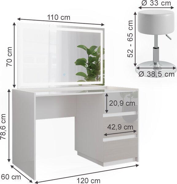 Toaletní stolek Vicco Marla Bílá vysoký lesk 120 cm se zrcadlem LED a stoličkou, Model 51988