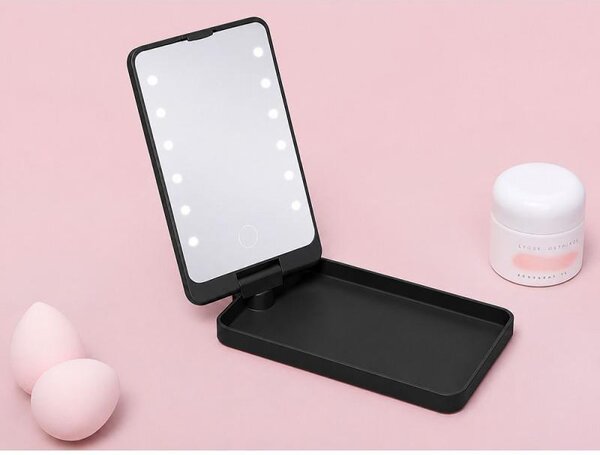 Verk 27634 Kosmetické zrcátko s LED osvětlením, skládací, USB, černé