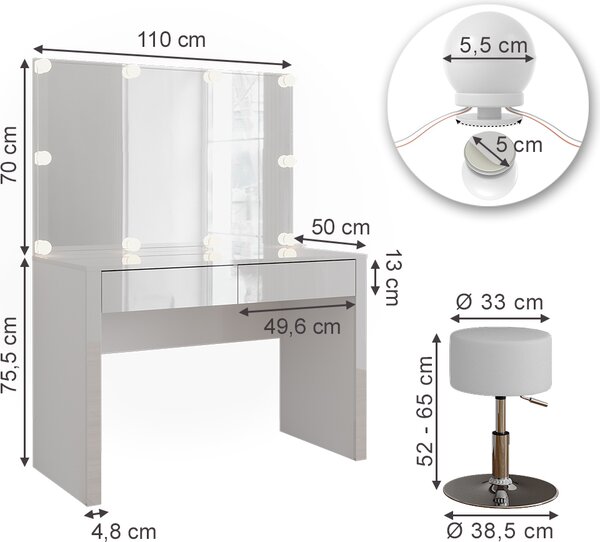 Toaletní stolek Vicco Annabelle Bílá vysoký lesk/bílá 110 cm s osvětlením LED a stoličkou, Model 55038