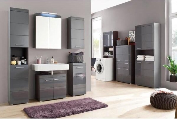 Koupelnová skříňka se zrcadlem AMANDA, 2 dveře, 60 x 17 x 77 cm, matná šedá, závěsná, TRENDTEAM