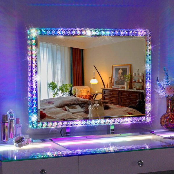 VANITII Hollywoodský kosmetický zrcadlo 80 cm x 60 cm s LED osvětlením RGB světelným režimem Krystalové kosmetické zrcadlo pro toaletní stolek Bílé