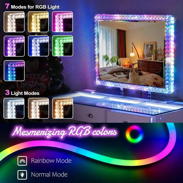 VANITII Hollywoodský kosmetický zrcadlo 80 cm x 60 cm s LED osvětlením RGB světelným režimem Krystalové kosmetické zrcadlo pro toaletní stolek Bílé