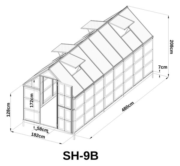 Skleník se základnou BestBerg SH-9B / 9 m² / 480 x 182 x 208 cm / černá