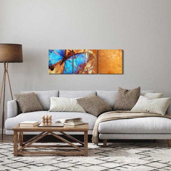 Obraz - Modrý motýl (s hodinami) (90x30 cm)
