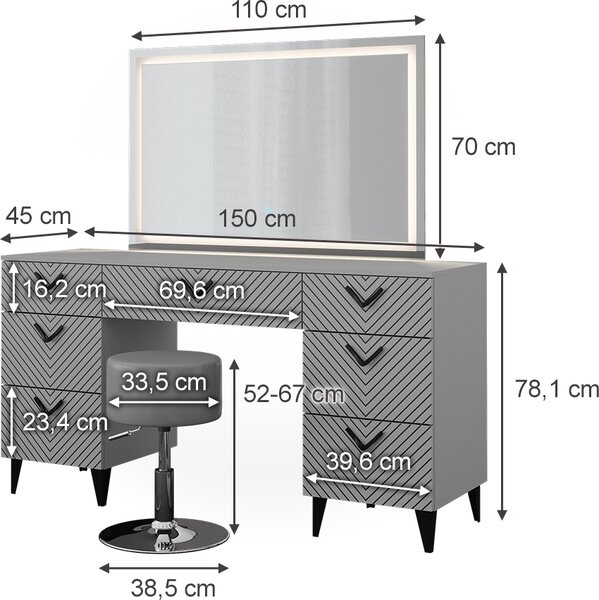Toaletní stolek Vicco Anett Šedá 150 cm s LED zrcadlem a stoličkou, Model 40718