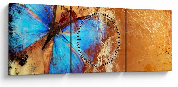 Obraz - Modrý motýl (s hodinami) (90x30 cm)