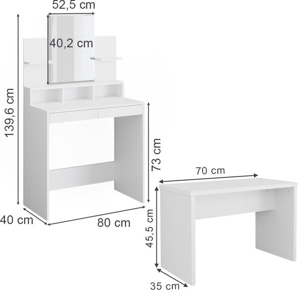 Toaletní stolek Vicco Ania Bílá 80 cm s lavicí, Model 36385