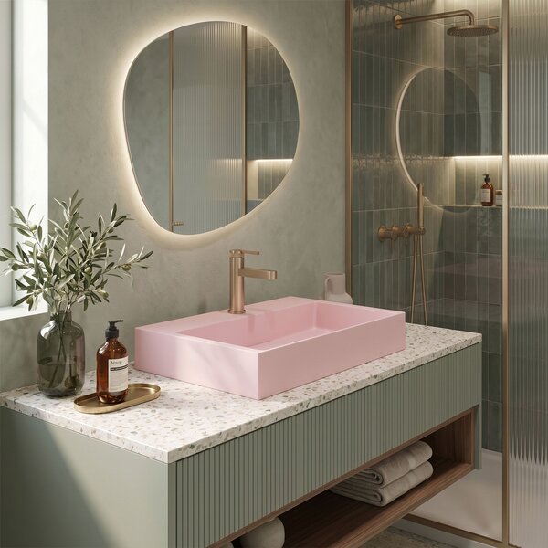 Rea Goya, umyvadlo z konglomerátu na desku/závěsné, 60 cm, růžová matná, REA-U4411