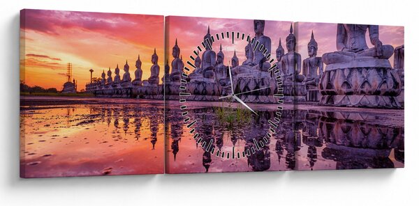 Obraz - Buddhové v západu slunce (s hodinami) (90x30 cm)