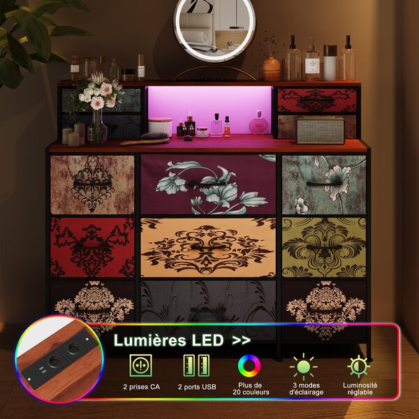 Úložná jednotka s 13 přihrádkami, toaletní stolek a skříňka s RGB LED diodami a USB porty, vintage design, univerzální pro ložnici nebo obývací pokoj