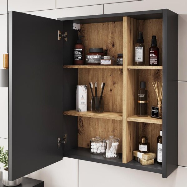 Skříňka se zrcadlem do koupelny Vicco Viola Grey/Artisan 60 x 75 cm s otevřenými policemi, Model 54857