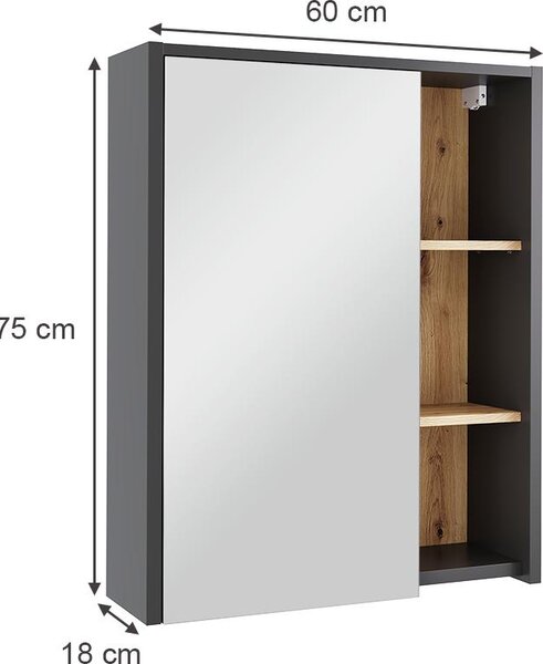 Skříňka se zrcadlem do koupelny Vicco Viola Grey/Artisan 60 x 75 cm s otevřenými policemi, Model 54857
