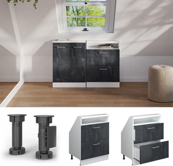 Kuchyňská skříňka pod šikmou střechu Vicco R-Line Černý beton 60 cm se 2 zásuvkami, Model 58242