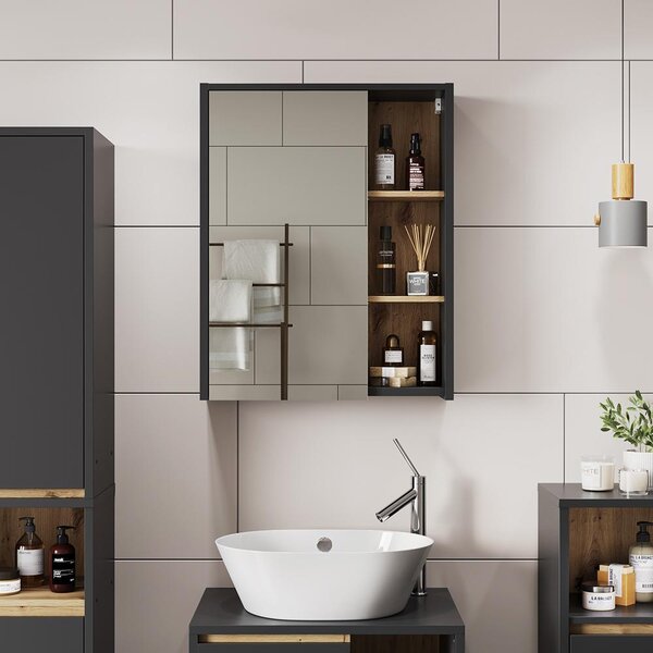Skříňka se zrcadlem do koupelny Vicco Viola Grey/Artisan 60 x 75 cm s otevřenými policemi, Model 54857