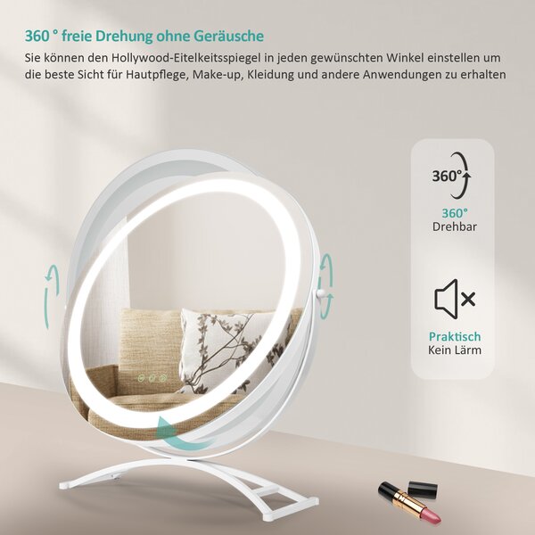 EMKE 360° otočné zrcátko na líčení s LED osvětlením, studené bílé, neutrální a teplé světlo Hollywoodské zrcátko, stojanové zrcátko na líčení s inteligentním dotykovým ovládáním, nastavitelným jasem a paměťovou funkcí