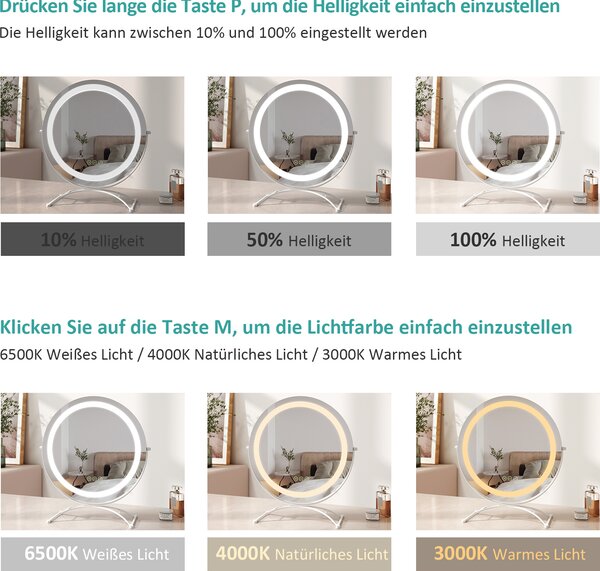 EMKE 360° otočné zrcátko na líčení s LED osvětlením, studené bílé, neutrální a teplé světlo Hollywoodské zrcátko, stojanové zrcátko na líčení s inteligentním dotykovým ovládáním, nastavitelným jasem a paměťovou funkcí