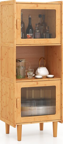 KOMFOTTEU 3-úrovňová bambusová bufetová skříňka, kuchyňská skříňka, kuchyňský bufet 49,5 x 40 x 130 cm, vitrína, úložná skříňka se 2 akrylovými dvířky, vinotéka, skříňka na nádobí