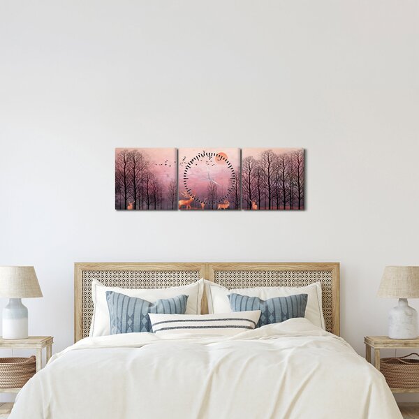 Obraz - Jeleni v záři zapadajícího slunce (s hodinami) (90x30 cm)