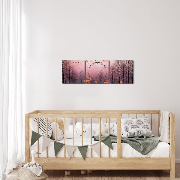 Obraz - Jeleni v záři zapadajícího slunce (s hodinami) (90x30 cm)