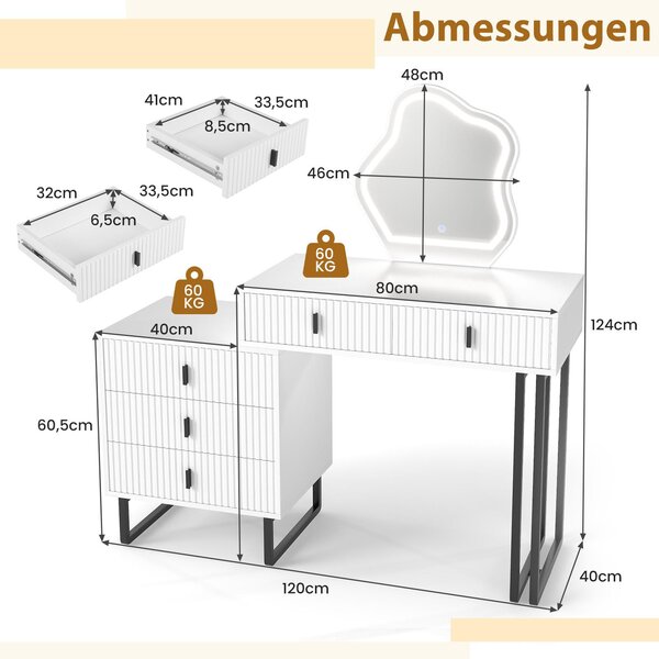 Kosmetický stolek COSTWAY se zrcadlem LED, 3 režimy osvětlení, nastavitelný jas, 5 zásuvek a skříňka, toaletní stolek 120x40x124cm