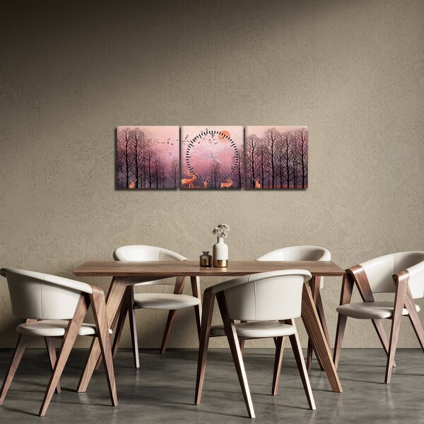 Obraz - Jeleni v záři zapadajícího slunce (s hodinami) (90x30 cm)