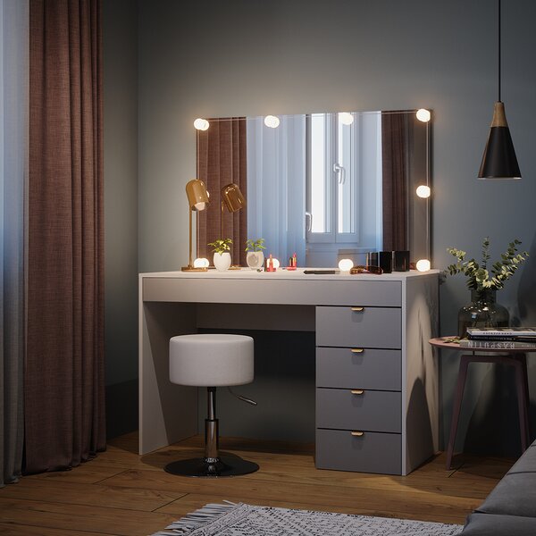 Toaletní stolek Vicco Elise Bílá/šedá/šedá 115 cm s LED osvětlením a taburetem, Model 41344