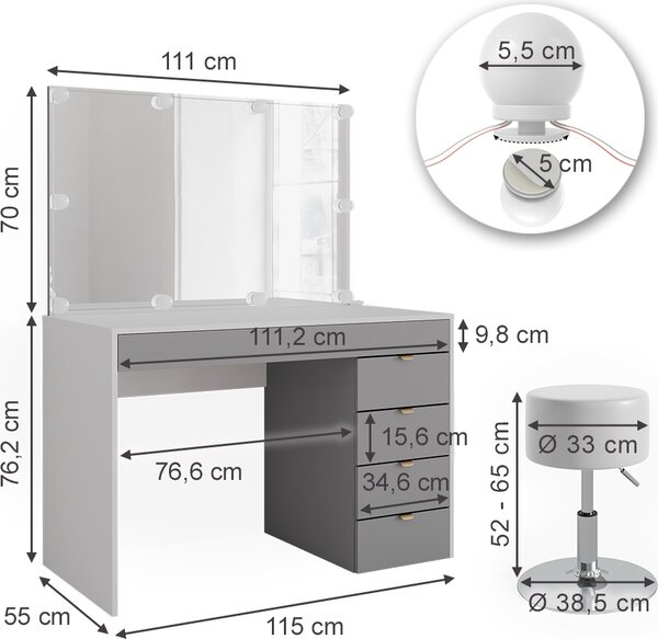 Toaletní stolek Vicco Elise Bílá/šedá/šedá 115 cm s LED osvětlením a taburetem, Model 41344
