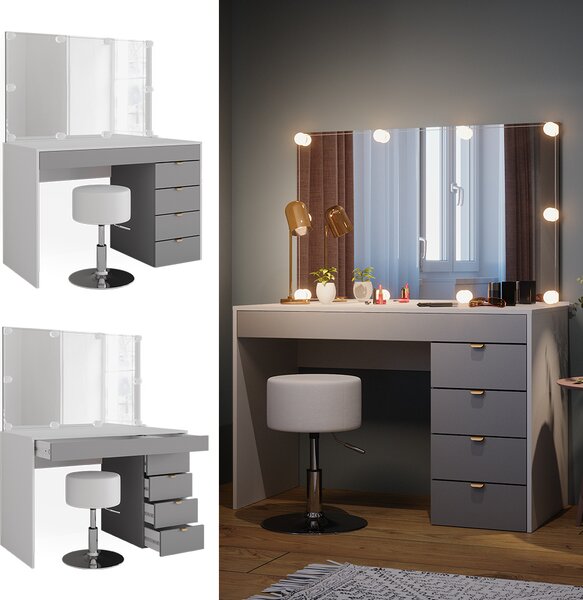 Toaletní stolek Vicco Elise Bílá/šedá/šedá 115 cm s LED osvětlením a taburetem, Model 41344
