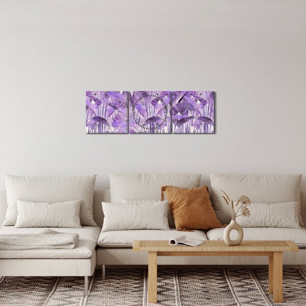 Obraz - Fialové listy v omítce (s hodinami) (90x30 cm)