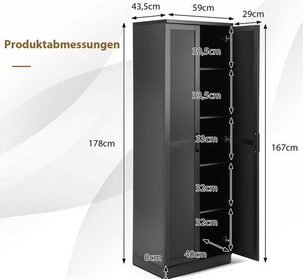 COSTWAY, kuchyňská skříň s 5 policemi, výška 178 cm, vysoká skříň do kuchyně se 2 dvířky a policemi, úložná skříň, skříň pro skladování potravin, vhodná do kuchyně, ložnice, černá barva