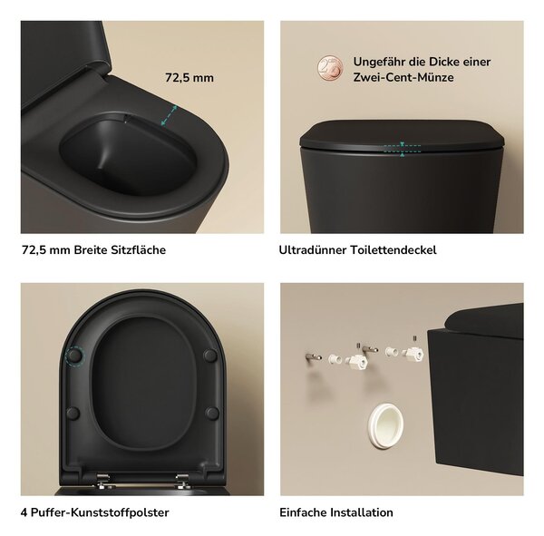 EMKE Závěsné WC, keramické, dvojité protisměrné splachování, úspora vody, přímé splachování, sedátko Soft-Close, tiché, černá matná