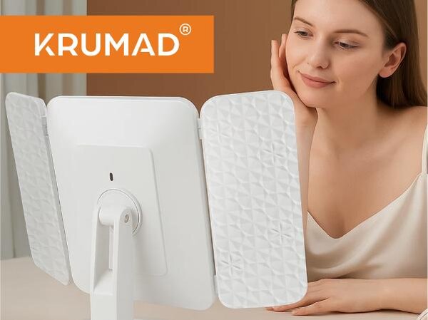 KRUMAD Zrcátko na líčení LED, 3 barvy světla, otočné o 180°, skládací tříkřídlé zrcátko na líčení s funkcí stmívání, USB, 175×240 mm