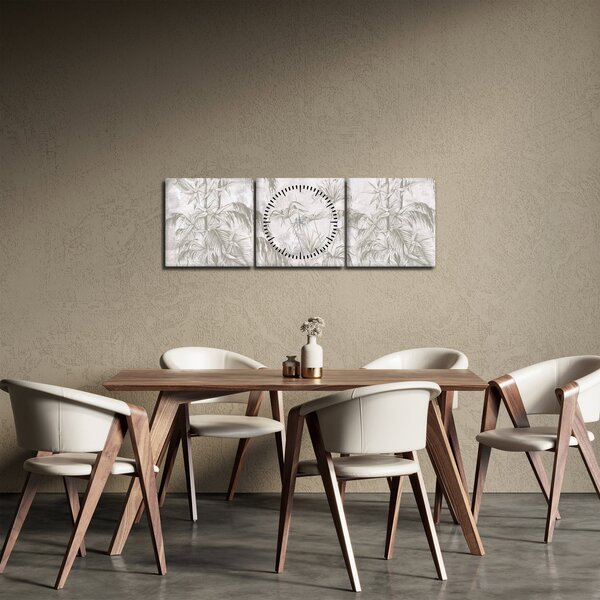 Obraz - Tropické rostliny na zdi v šedé (s hodinami) (90x30 cm)