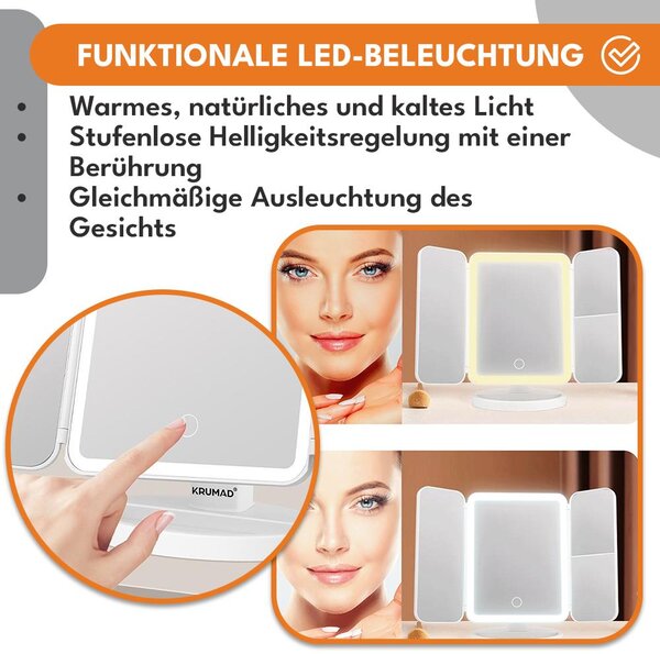 KRUMAD Zrcátko na líčení LED, 3 barvy světla, otočné o 180°, skládací tříkřídlé zrcátko na líčení s funkcí stmívání, USB, 175×240 mm