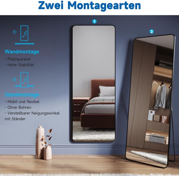Černé čtvercové stojací zrcadlo SONNI 160 x 60 x 2,8 cm lze připevnit na stěnu