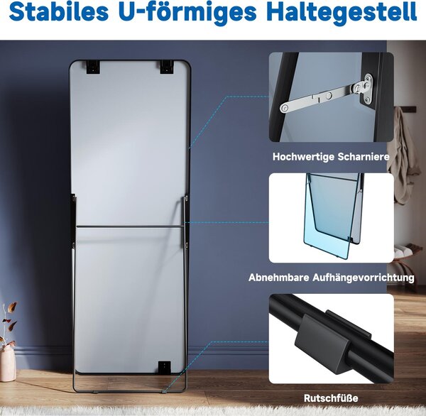 Černé čtvercové stojací zrcadlo SONNI 160 x 60 x 2,8 cm lze připevnit na stěnu