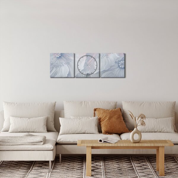 Obraz - Modré květy na zdi (s hodinami) (90x30 cm)