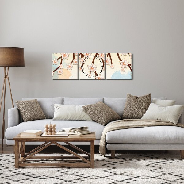 Obraz - Květy na větvích, barevné (s hodinami) (90x30 cm)