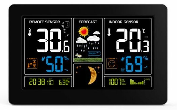 Solight meteostanice, extra velký barevný LCD, teplota, vlhkost, tlak, RCC, USb nabíjení, černá TE81