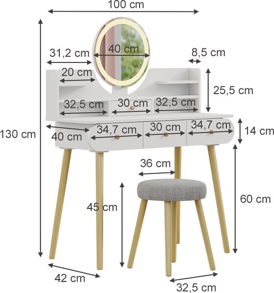 Toaletní stolek Vicco Edda Bílá 100 cm se zrcadlem LED a stoličkou, Model 41313