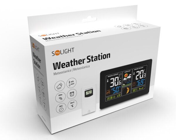 Solight meteostanice, extra velký barevný LCD, teplota, vlhkost, tlak, RCC, USb nabíjení, černá TE81