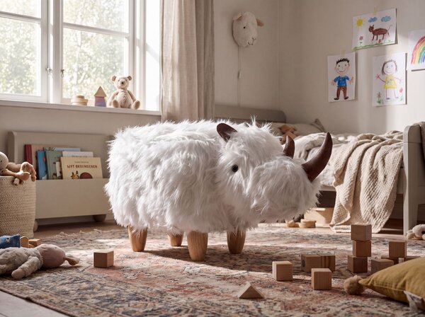 Zvířecí stolička WOOLLY Nosorožec Umělá kožešina Bílá