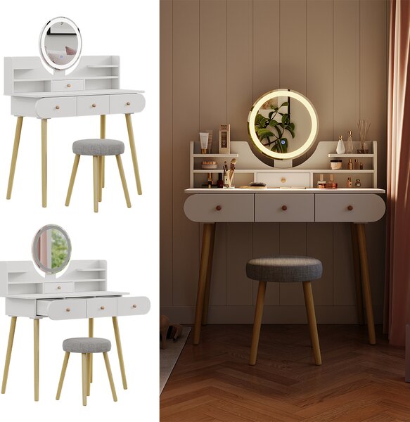 Toaletní stolek Vicco Edda Bílá 100 cm se zrcadlem LED a stoličkou, Model 41313