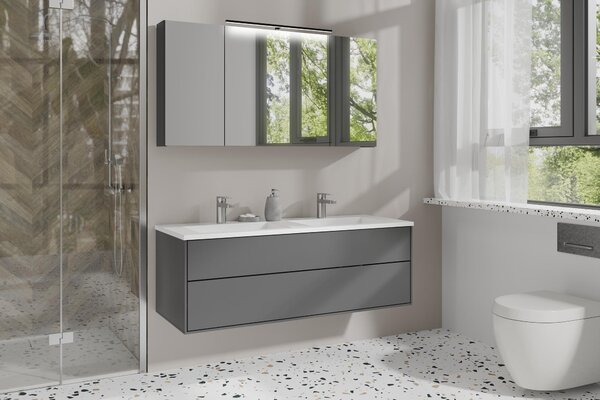 ByLIVING SPREE zrcadlová skříňka / Matný antracitový korpus se zrcadlovými dvířky / Nástěnná skříňka s funkcí pozvolného zavírání / Včetně LED osvětlení / Koupelnová skříňka se zásuvkou a vypínačem / Š 120, V 60, H 20 cm