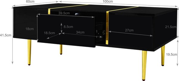 Konferenční stolek s vysokým leskem, 2 zásuvky, kovové nohy, moderní a elegantní, stolek do obývacího pokoje, černý