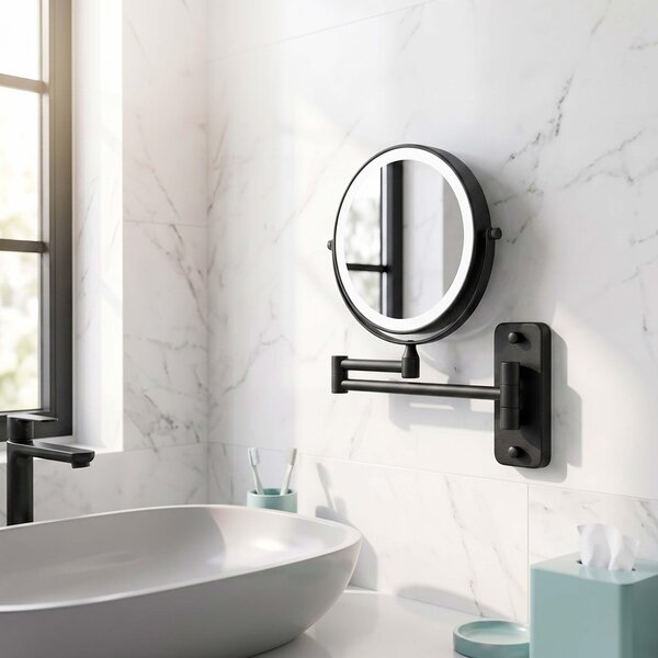 Zrcadlo do koupelny Relaxdays, nástěnné, s LED osvětlením, 10x zvětšení, otočné o 360°, průměr 20 cm, kov, napájení baterií, USB, barva: černá