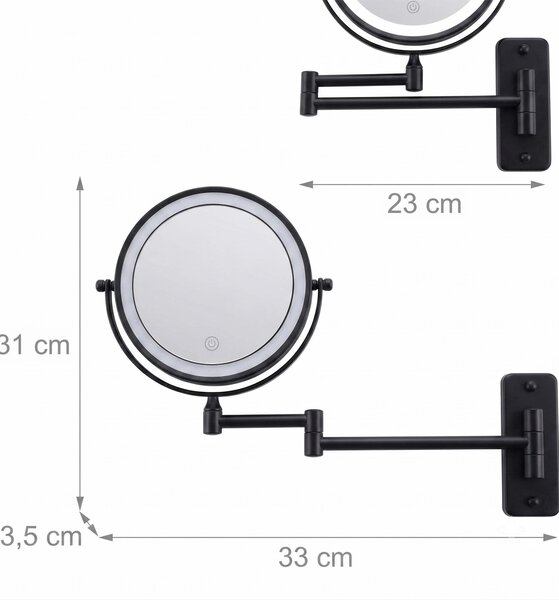 Zrcadlo do koupelny Relaxdays, nástěnné, s LED osvětlením, 10x zvětšení, otočné o 360°, průměr 20 cm, kov, napájení baterií, USB, barva: černá
